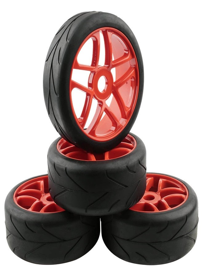 Rchobbytop 4pcs 1/8 Buggy Wheels and Tires Street Tyre with 17mm Drive Hub Hex Adapters Lock Nuts Replacement Parts for On Road Racing Kyosho Tamiya Traxxas HPI HSP, Red - Image 2